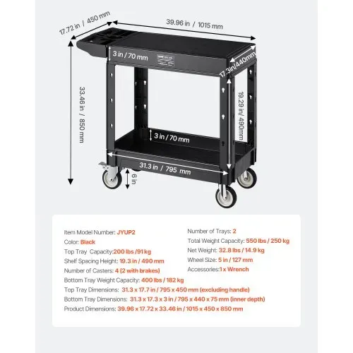 VEVOR Werkzeugwagen, 250 kg Tragkraft, Werkstattwagen, Mehrzweckwagen aus Kunststoff mit zwei Ablagen & 360°-Lenkrollen (2 mit Bremse), geeignet für Lager, Garage, Reinigung, 1015x450x850 mm – Bild 6