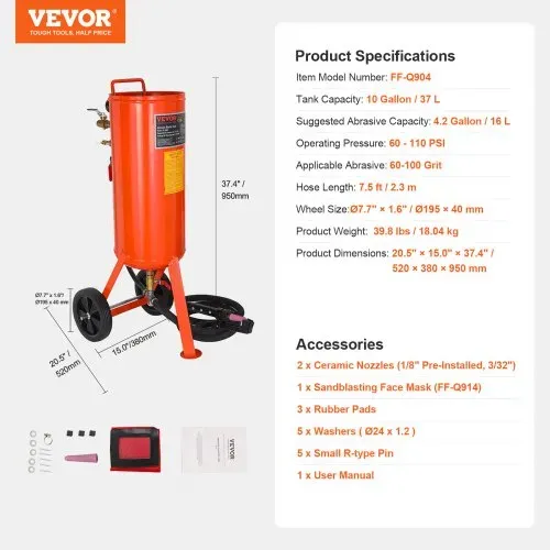 VEVOR Mobiles Sandstrahlgerät 37 L Sandstrahlanlage 2,3 m Arbeitsschlauch Sandstrahler 60–110 PSI Arbeitsdruck ideal zum Entfernen von Rost, Farbe, Flecken und das Polieren großer Flächen – Bild 6