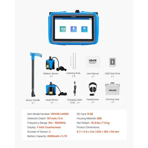 VEVOR Rohr-Wasserleckdetektor, 1 Hz – 10000 Hz, 7-Zoll-Touchscreen-Lecksuchgerät für 5 m lange unterirdische Rohrleitungen – mit mittlerem & großem Sensor, 3 Abhörstäben, Kopfhörer & Etui – Bild 6