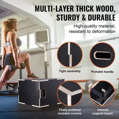 VEVOR 3-in-1-Plyometrische Sprungbox 24/20/16-Zoll-Plyobox, Sprungkasten Sprungkiste 204 kg Tragfähigkeit, Fitnessübungs-Step-Up-Box für Heimtraining, Sprungkrafttraining Schwarz Einstellbare Höhe – Bild 3