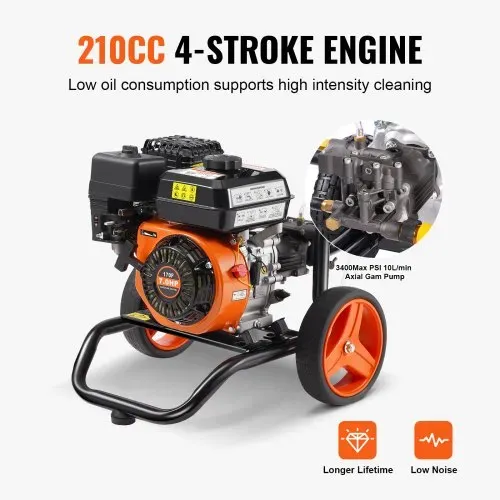 VEVOR Benzin-Hochdruckreiniger, 3400 PSI 2,6 GPM, Terrassenreinger 10 L/min mit Aluminiumpumpe, Hochdruckpistole & Verlängerungsstab, 5-Düsen-Set, für Autos, Zäune, Häuser, Terrassen, vertikal – Bild 2