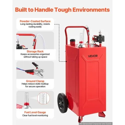 VEVOR 113,6L Kraftstofftrolley Mobile Tankanlage mit 12V Elektropumpe Rot, Tragbarer Kraftstoffkanister für Auto Rasenmäher Boot, Mit 2 Rollen & Ölstandsanzeige, Für Benzin & Diesel, Kohlenstoffstahl – Bild 5