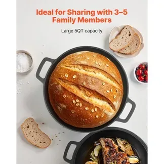 VEVOR Dutch Oven aus Gusseisen, 2 in 1 Schmortopf mit Bratpfannendeckel, 4,73 L robustes Kochgeschirr mit Gärkorb & Brotbackzubehör, Brotbackofen-kompatibel 260 ℃ Brottopf VEVOR Dutch Oven aus Gusseisen, 2 in 1 Schmortopf mit Bratpfannendeckel, 4,73 L robustes Kochgeschirr mit Gärkorb & Brotbackzubehör, Brotbackofen-kompatibel 260 ℃ Brottopf