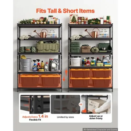 VEVOR Schwerlastregal Lagerregal mit 5 Ablagen 1228x459x1813mm 907,2kg, Stahlgestell, Teilbares & Verstellbares Design für DIY, Werkbank Funktion, Flexibles Steckregal für Keller Garage Werkstatt – Bild 2