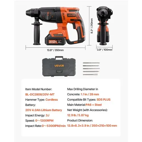 VEVOR 20 V bürstenloser Akku-Bohrhammer kabellos, Lithium-Ionen 28 mm Bohrhammer, SDS-Plus Elektro-Leichtbausatz mit Akku & Ladegerät & Tragekoffer, 4 Funktionen, 1200 U/min, 5300 BPM – Bild 6