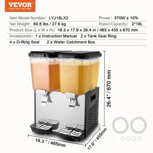 VEVOR kommerzieller Getränkespender mit 2 Tanks, Saftspender 18 L (pro Tank), 370 W Edelstahl Eistee-Getränkeautomat mit 7–12 °C Kühltemperatur, für Kaltgetränke Restaurant Bar Party Buffet Catering – Bild 6