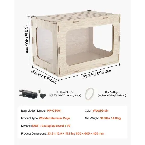 VEVOR Hamsterkäfig Nagerkäfig Nagarium Hamstergehege Holz 605x405x405mm, 270°-Sichtfenster Nagersicher mit Deckel Belüftung für Goldhamster Zwerghamster Meerschweinchen Rennmäuse – Bild 6