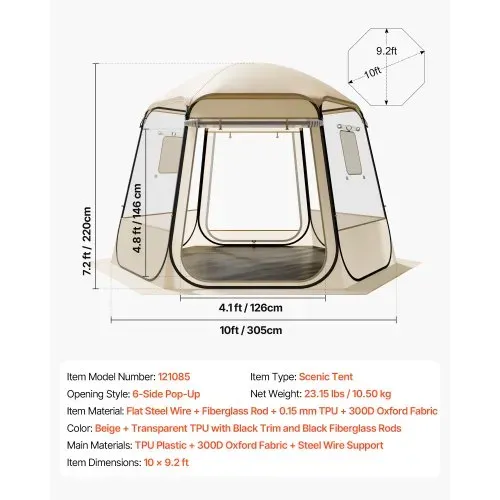 VEVOR Pop-up-Bubble-Zelt, 305 x 275 x 220 cm, transparentes Campingzelt, Garten-Kuppel-Iglu-Zelt mit Fenstern, Sportzelt, 540°-Panoramablick, für 4–8 Personen, Terrasse, Hinterhof – Bild 6