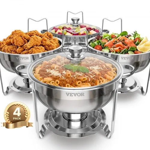 VEVOR Chafing Dish Buffet Speisenwärmer mit 4 Behältern in voller Größe (4,7 L pro), runder Catering-Wärmespender mit Glasdeckel & Wasserpfanne & klappbarer Ständer, für Hochzeiten Buffet Silber VEVOR Chafing Dish Buffet Speisenwärmer mit 4 Behältern in voller Größe (4,7 L pro), runder Catering-Wärmespender mit Glasdeckel & Wasserpfanne & klappbarer Ständer, für Hochzeiten Buffet Silber