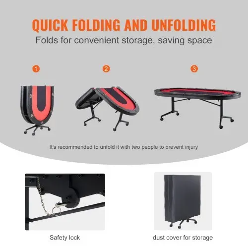 VEVOR Casino Pokertisch Klappbare Tischbeine 2290 x 1220 x 800 mm (L x B x H), Faltbarer Pokertisch, Schwarz & Rot Pokerauflage Klapptisch für 10 Spieler, Pokertisch mit Staubschutzhülle Tragbar – Bild 2