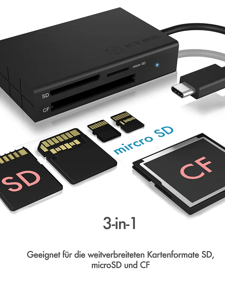 ICY BOX IB-CR401-C3, Type-C® USB 3.2 Gen 1 Kartenleser (CF, SD 4.0, micro SD 4.0), UHS-II, mit USB 3.2 Gen 1 Type-C® Hostanschluss – Bild 2