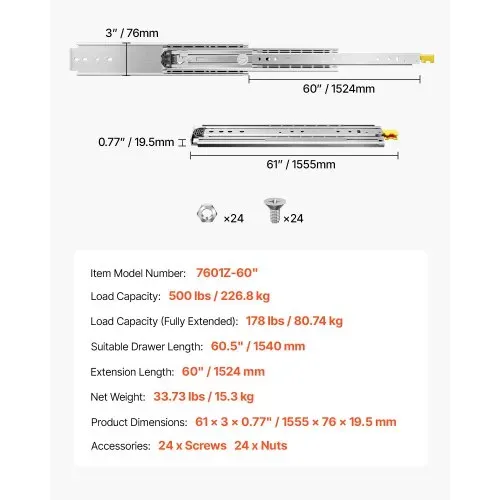 VEVOR 1 Paar Schubladenschienen mit Vollauszug 1524 mm, 226 kg Tragkraft, verriegelbare Schubladenführung, Kugellager mit Sperre, seitlich montierte Schubladenauszug, Auszugsschienen – Bild 6