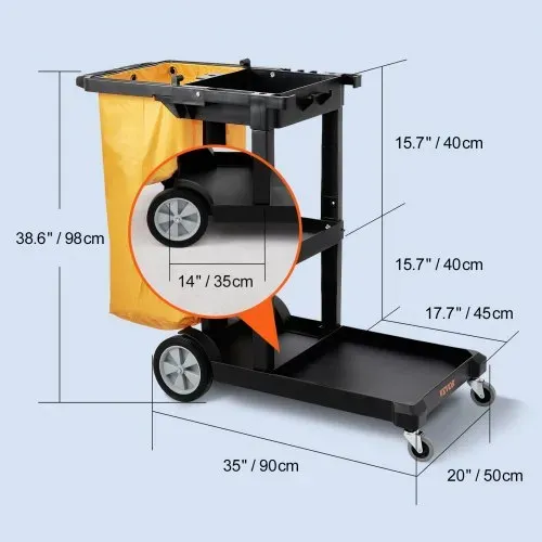 VEVOR Reinigungswagen Putzwagen mit 3 Fächern, Hygienewagen Reinigungswagen 90,7 kg Tragfähigkeit, Schwarz PP Wischwagen Systemwagen inkl. PVC-Müllsack & Handschuhe, geeignet für Büros, Malls, Hotels – Bild 4
