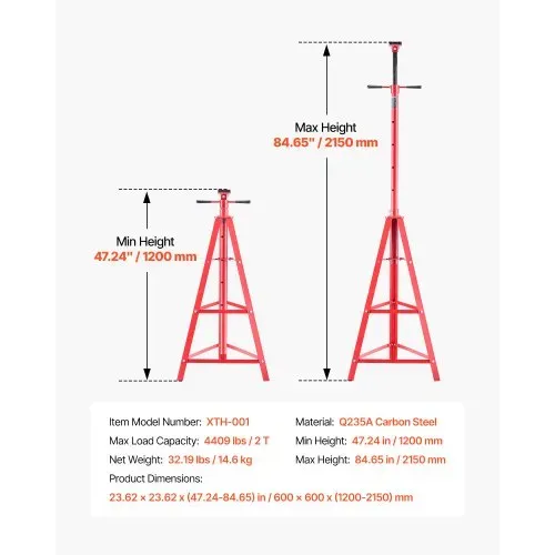 VEVOR Unterhub-Stützständer 2 t, Höhenverstellbarer (120-215 cm / 4-stufig) Wagenheberständer aus Kohlenstoffstahl, Dreibeinständer zur Unterstützung von Fahrzeugkomponenten Autoreparatur – Bild 6
