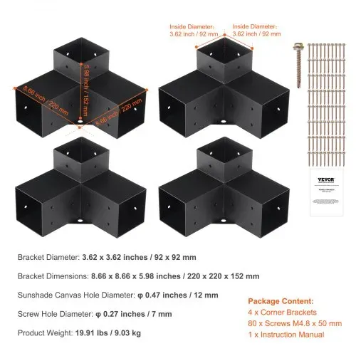 VEVOR 4er-Set Pfostenverbinder 10 x 10 cm (Innengröße 91,44 x 91,44 mm) Pfostenecke Pergola Eckverbinder Holzverbinder 90°-Stiefelstruktur Eckhalterung Holzbalken Pavillon Halterungs Set – Bild 10