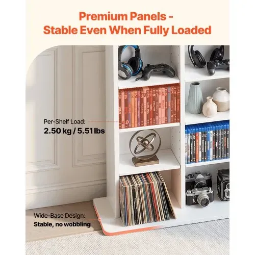 VEVOR Medienregal, 8-lagiges CD-Regal, 559x222x1295 mm, Multimedia-Aufbewahrung für CDs, DVDs, Bücher & Spiele, Raumteiler Schrank mit 16 Fächern für Wohnzimmer, Homeoffice, Aufnahmeraum, Weiß – Bild 2