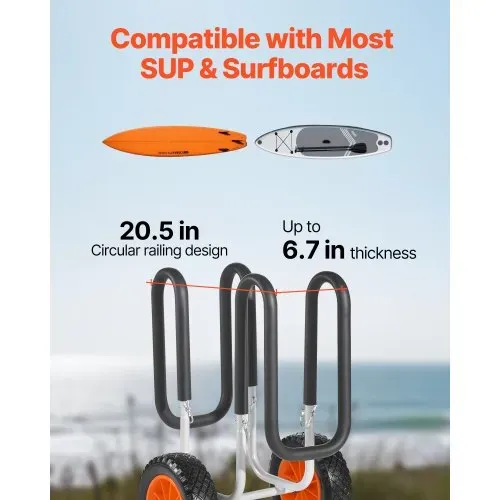 VEVOR Transportwagen, 68 kg, Stand Up Paddle Board Trolley mit 25,4 cm Vollgummireifen, Schaumstoffpolster, Spanngurt, ideale Transporthilfe für Paddleboard- und Surfboard, 520 x 500 x 680 mm – Bild 4
