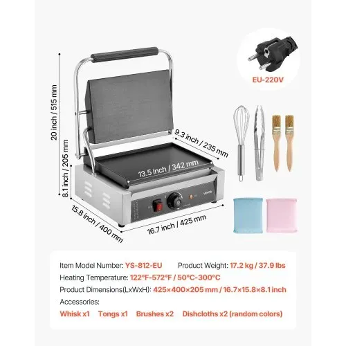 VEVOR kommerzieller Panini-Grill Kontaktgrill 2200 W für Sandwiches Steak Bacon Hamburger, Sandwichmaker Pressgrill aus Edelstahl mit Griff & Temperaturregelung & 34 x 23 cm Heizplatte, Paninipresse – Bild 6