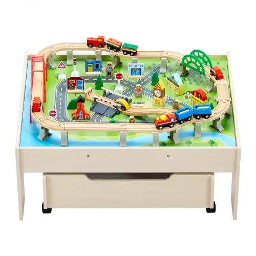 VEVOR Holz Aktivitätstisch, 100-teilig, Eisenbahntisch mit rollender Schublade, 3-in-1-Holzeisenbahn-Set zum Spielen, Malen, Lesen, Essen, kreatives Spielzeug-Set für Kinder ab 3 Jahren – Bild 10