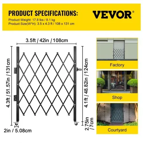 VEVOR Einzel Sicherheitstor 108 × 131 cm(W × H) Falttürtor aus Kanalstahl, flexibel erweiterbares einziehbare Verkehrssperre, 360°-Roll-Barrikadentor Schwarz Straßengaragenbau Einfahrtszaun – Bild 6