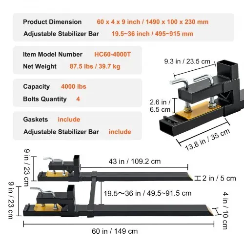 VEVOR Palettengabel 1490x100x230mm Gabelträger 1814kg Tragfähigkeit Gabelzinken 149cm Gesamtlänge mit 109,2cm-Gabelblatt Gabelstapler 495-915mm Einstellbar Gabelstaplerzinken Frontlader Palettenrahmen – Bild 6