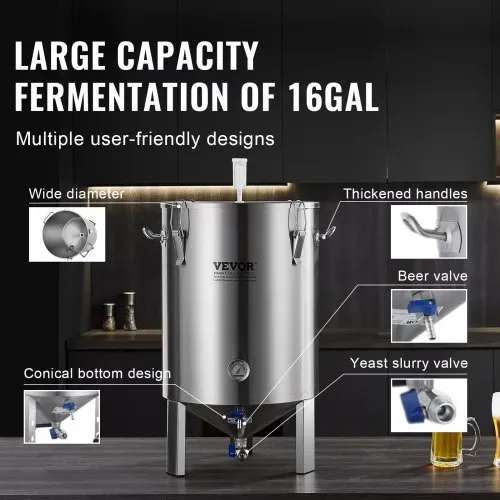 VEVOR Bierbrauanlage Bierbraugerät Kessel aus Edelstahl 60 L Bierfermenter, Braueimer-Fermenter zum Brauen, Heimbrauzubehör mit Sockel, Kessel-Suppentopf inkl. Deckel, Griff, Ventil, Zapfhahn – Bild 5