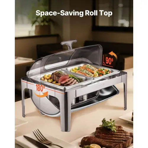 VEVOR Chafing Dish Set Speisenwärmer Edelstahl mit 2 Pfannen in halber Größe (3,9 L), rechteckiger Wärmespender mit sichtbarem Deckel & Wasserpfannenständer & Brennstoffhalter, für Partys Silber – Bild 4