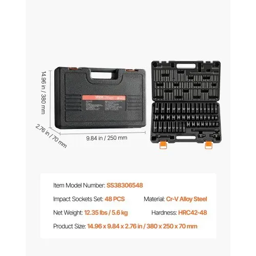 VEVOR Schlagnuss-Set, 3/8 Zoll-Antrieb, 48-tlg., Sechskant-Steckschlüssel, SAE 5/16-3/4 Zoll & Metrisch 8-19 mm, 21-22 mm, Chrom-Vanadium-Legierungsstahl, Verlängerungsstange, Adapter & Koffer – Bild 6