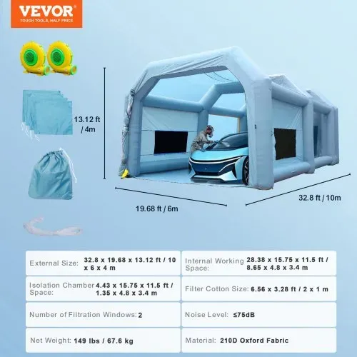 VEVOR Tragbares Aufblasbares Farbzelt für Sprühmalerei 1100 + 950 W, 10 x 6 x 4 m Sprühschutz Farbkabine für DIY-Projekte, Hobby-Farbautomaten-Werkzeug, Blau 210D Oxford-Gewebe Auto Lackierkabine – Bild 6