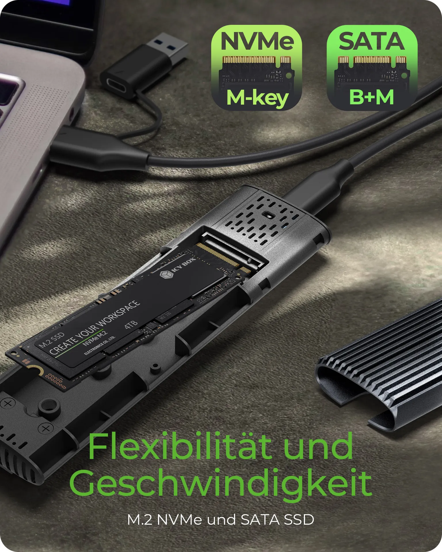 ICY BOX IB-1808MCT-CU31, Type-C®/A USB 3.2 Gen 2 zu NVMe/SATA M.2 2230/2242/2260/2280 SSD Gehäuse, Werkzeuglos, schwarz – Bild 4