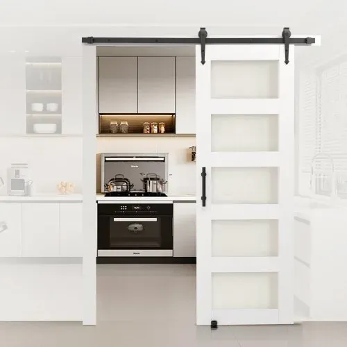 VEVOR Schiebetür im Scheunenstil Schiebetürsystem (762 x 2134 mm) aus hochfesten MDF-Platten & Milchglas, Scheunentor mit Hardware-Kit & wasserfester PVC-Oberfläche & H-Rahmen für Badezimmer – Bild 7