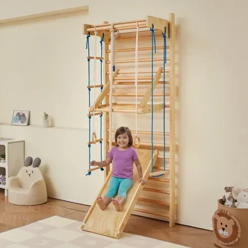 VEVOR schwedisches Leiterwand, 8 in 1 15-stufiges Indoor-Klettergerüst, 100 kg belastbares Wand-Stangen-Kletterspielset mit Wandleiter Rutschbrett Klimmzugstange Turnringen Schaukelsitz Strickleiter – Bild 7