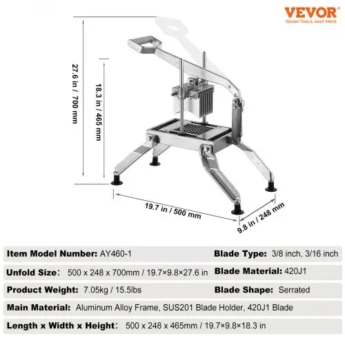 VEVOR Kommerzieller Gemüseschneider, 3/8 & 3/16 Zoll Tomatenschneider, Gemüseschneider aus Edelstahl & Aluminiumlegierung, Manueller Gemüseschneider, für Tomaten, Zwiebeln, Kartoffeln – Bild 6