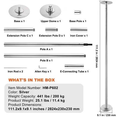 VEVOR Professionelle Tanzstange, Pole Dance Tragbare Tanzstange Profi ca. 222,6-282,4 cm Höhenverstellbare Abnehmbare Fitnessstange Spinning Fitness Silber, Tanzstange Fitnessstudios, Club, Party – Bild 6