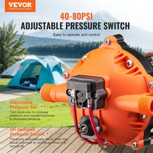 VEVOR 12-V-Membranpumpe, 18,93 L/min, 5-Kammer-DC-Wasserpumpe mit automatischem Druckschalter 40–100 PSI einstellbar, 70 PSI, 1/2 Zoll MNPT-Anschluss, für Wohnmobil, Yacht, Imbisswagen, Camper, Marine – Bild 2
