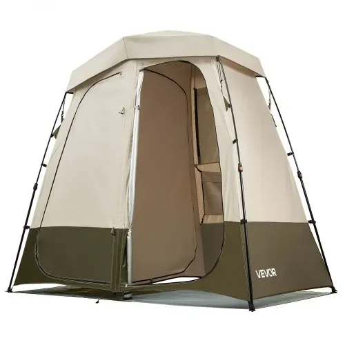 VEVOR Duschzelt mit 2 Räumen, Toilettenzelt (250x122x218 cm) mit Sichtschutz, Umkleidezelt inkl. Heringen & Seilen & Tragetasche & Querstange, aus 150D Oxford-Gewebe für Camping Strand Angeln Khaki – Bild 10