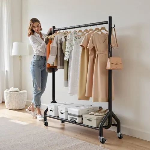 VEVOR Kleiderständer Garderobenständer rollbar mit Kleiderstange & seitlichen Haken, bis 90 kg belastbar, robuster Kleiderständer aus Karbonstahl ideal für Schlafzimmer Waschküche Wohnzimmer – Bild 7