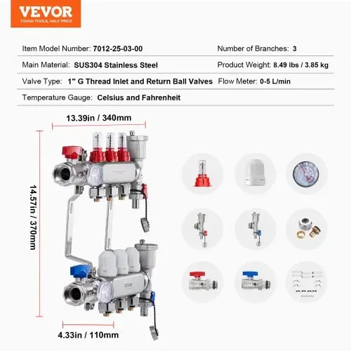VEVOR 3-Zweig-Wärmeverteilungsverteiler, 1/2-Zoll-PEX-Rohrverteiler, Edelstahl-PEX-Verteiler für hydronische Fußbodenheizung, Wärmeverteilungs-PEX-Verteilersatz mit 1/2-Zoll-Adaptern im Lieferumfang enthalten – Bild 6