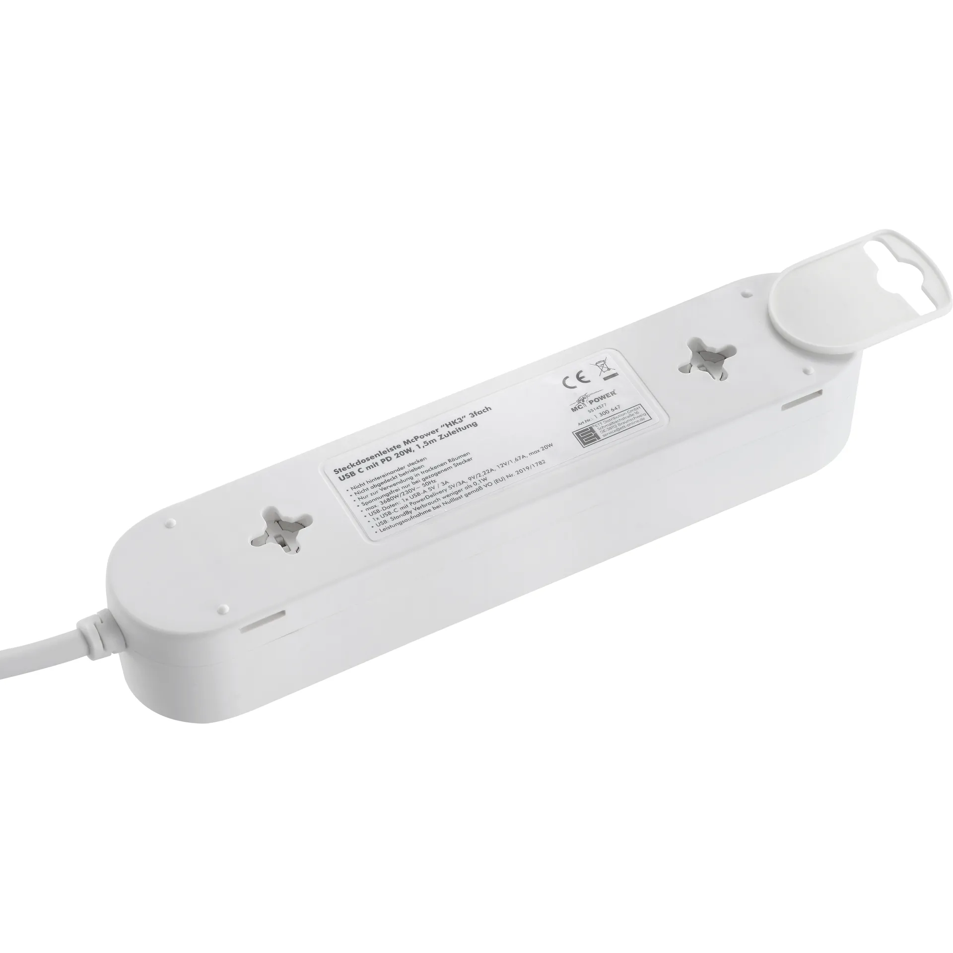 Steckdosenleiste McPower ''HK3'' 3-fach, USB-C mit PD 20W, 1,5m Zuleitung – Bild 4