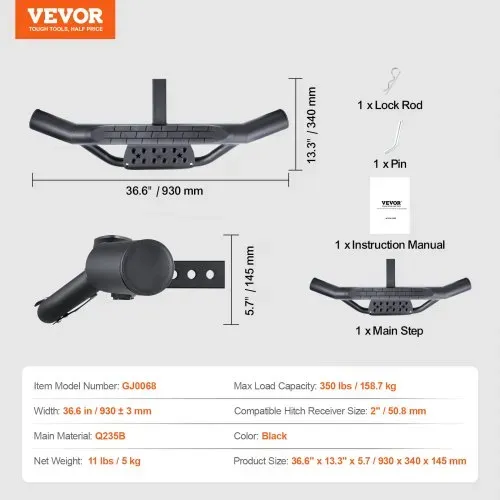 VEVOR Anhängerkupplungsstufe für 50,8 mm Empfänger, robuste Stahlkonstruktion mit 158,7 kg Tragkraft, Heckstoßstangenschutz mit Stiftverriegelung, 93 cm lang für Lkw SUV Pickup Anhänger – Bild 6