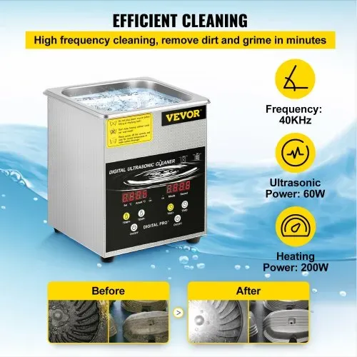 VEVOR 2 L Verbesserter Ultraschallreiniger (100 W Heizung, 60 W Ultraschall) Professioneller digitaler Labor-Ultraschall-Teilereiniger mit Heizungstimer für die Reinigung von Schmuck, Brillenteilen – Bild 2