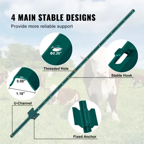 VEVOR 5 Fuß Zaunpfosten, 10er-Pack T-Pfosten Hochleistungs-Zaunpfosten aus Metall, stabile Zaunpfähle aus Stahl für Gartenhof, Rasen, Bauernhöfe und Maschendrahtzäune im Freien, grün – Bild 3