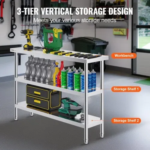 VEVOR Lebensmittel-Zubereitungstisch aus Edelstahl, 356 x 1219 x 864 mm gewerblicher Küchenarbeitstisch, mit 2 verstellbaren Unterregalen, Zubereitungstisch für Grill, Küche, Zuhause und Garage – Bild 3