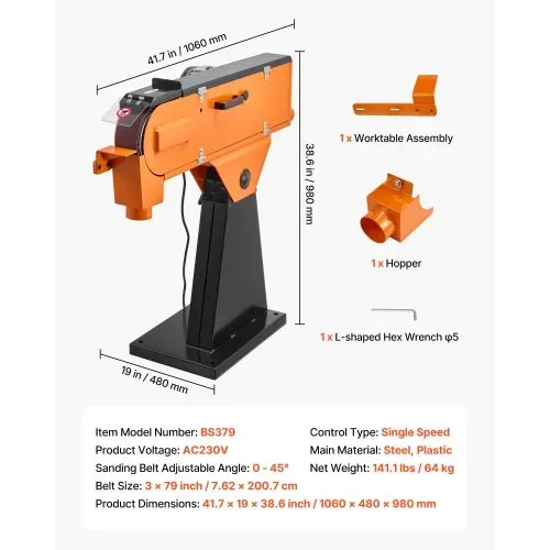 VEVOR Bandschleifer 7,62x200,7 cm, 2100 W, 900 U/min, Industriequalität, mit 0° - 45° einstellbarem Winkel & Staubabsauganschluss für die professionelle Holz- & Metallbearbeitung – Bild 6