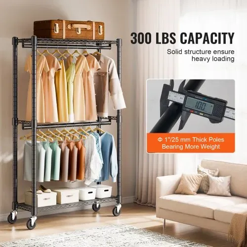 VEVOR Rollbarer Kleiderständer Garderobenständer 1 Kleiderstange, 2-lagig, 136 kg Belastbar Strapazierfähiger Rollbarer Kleiderständer für Schlafzimmer, Wäscheraum, Ankleidezimmer, Eingang usw. – Bild 2