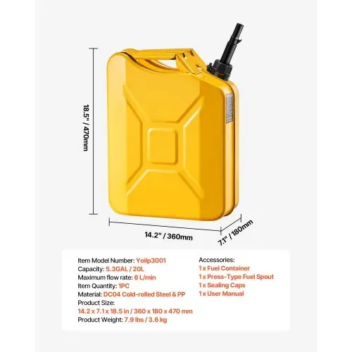 VEVOR Benzinkanister Metall 20 L, Kraftstoffkanister mit Ausgießer & Komfortgriff, 6 L/min max. Durchflussrate, auslaufsicherer Benzintank für die meisten Autos, Motorräder, ATVs & UTVs, Gelb – Bild 6