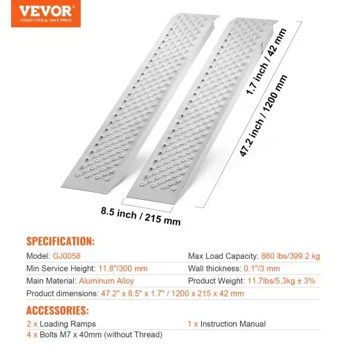 VEVOR Auffahrrampe, Verladerampe, Autorampe 680 kg, extra breite Verladeschiene, Auto Laderampe 2160 x 1375 mm, 2 Stk. Rampen, für Motorrad, Anhänger, ATV, UTV, Gartentraktor, Rasenmäher – Bild 6