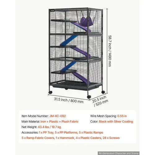 VEVOR Kleintierkäfig Metall Frettchenkäfig Kleintiergehege 80x52x149 cm, Frettchen Chinchillas Gleithörnchen Meerschweinchen & Kaninchen 6-Stöckig 13,97 mm Drahtabstand Feststellbare Schwenkrolle – Bild 6