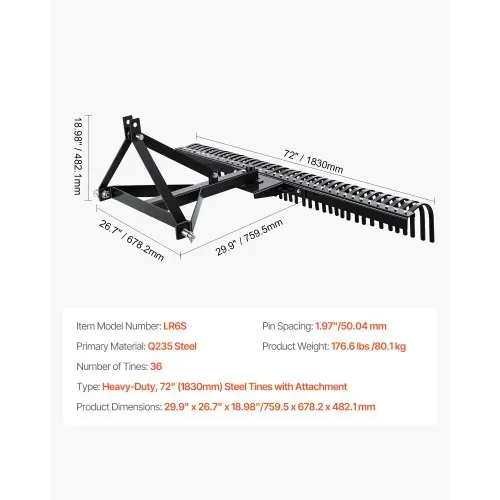 VEVOR Vertikutierer, 1830 mm Arbeitsbreite, Rasentraktor Rechen mit 36 robusten Stahlzinken, Traktor-kompatibler Dreipunkt-Gartenrechen, Rasenlüfter ideal für Bodenbearbeitung & Rasenpflege – Bild 6