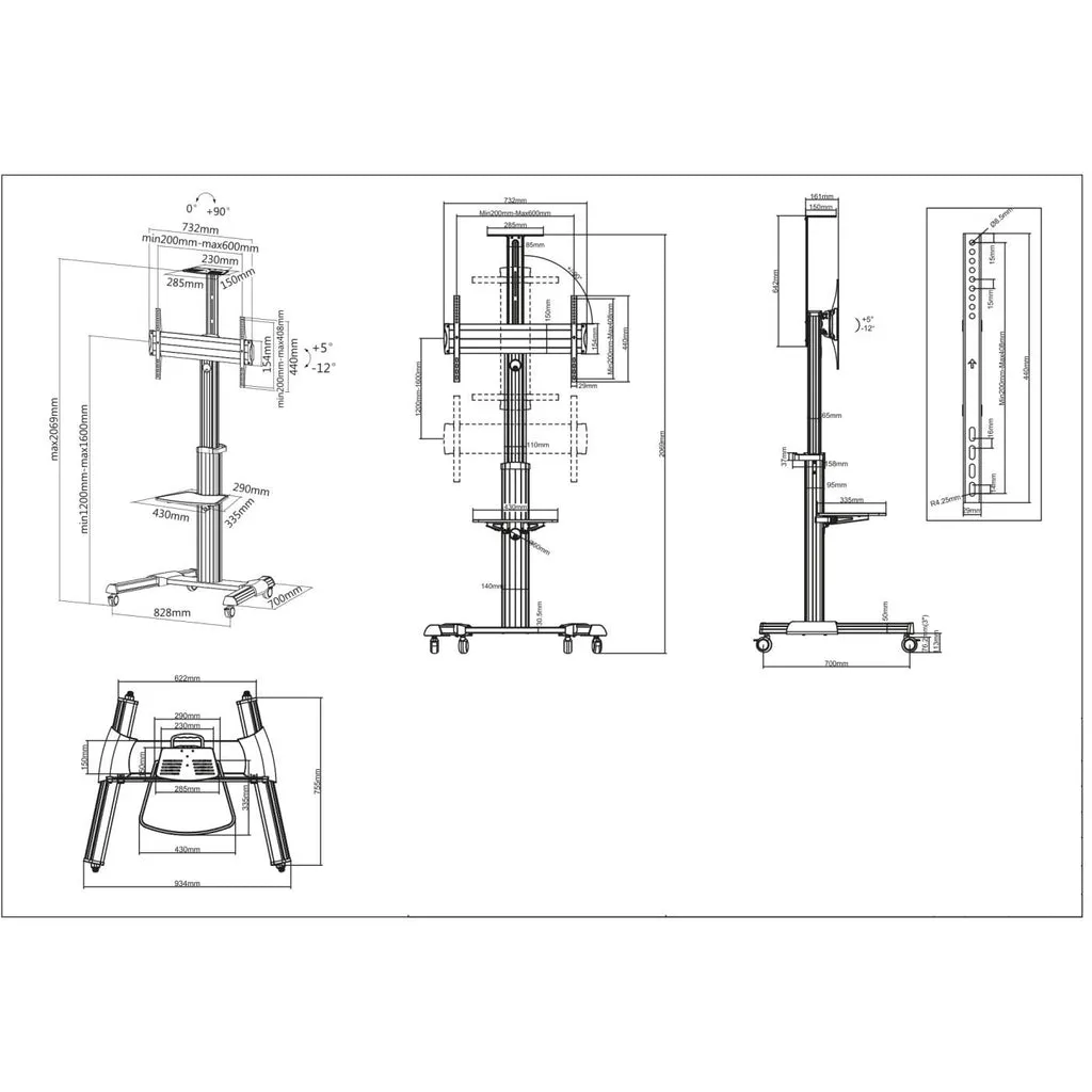Manhattan Universal Multimedia TV-Ständer auf Rollen, Für Bildschirme von 37" bis 70"* und bis zu 50 kg, -12 ~ 5° neigbar, 90° schwenkbar, Kamerahalterung und AV-Fachboden abnehmbar, schwarz/silber – Bild 5